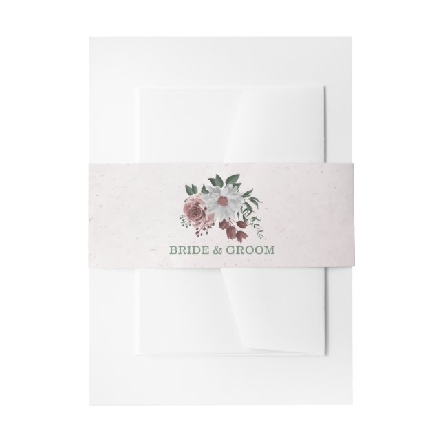 romantic pink, white and cinnamon rose wedding invitation belly band (Front Example)