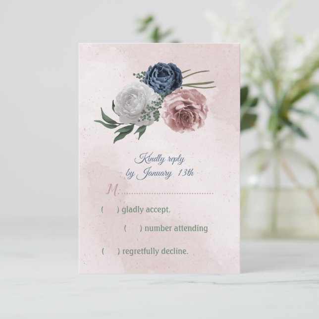 romantic pink, white and navy blue flowers RSVP card (Standing Front)