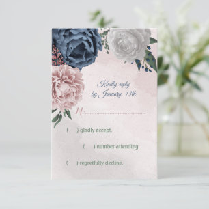 romantic pink, white and navy blue flowers RSVP card