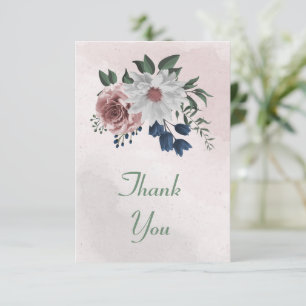 romantic pink, white and navy blue flowers thank you card