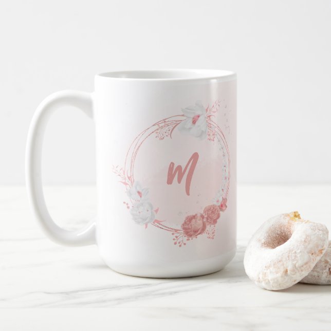 romantic pink & white flowers coffee mug (With Donut)