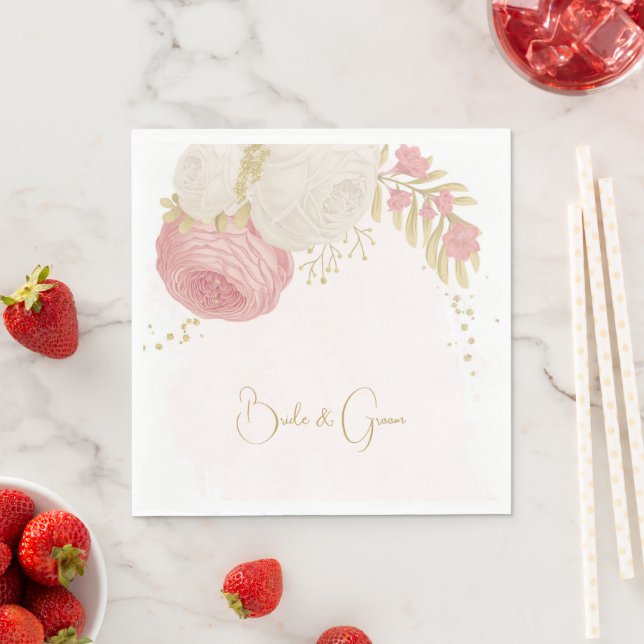 Romantic pink & white flowers gold napkin (Insitu)