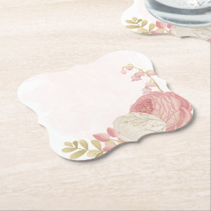 Romantic pink & white flowers gold paper coaster