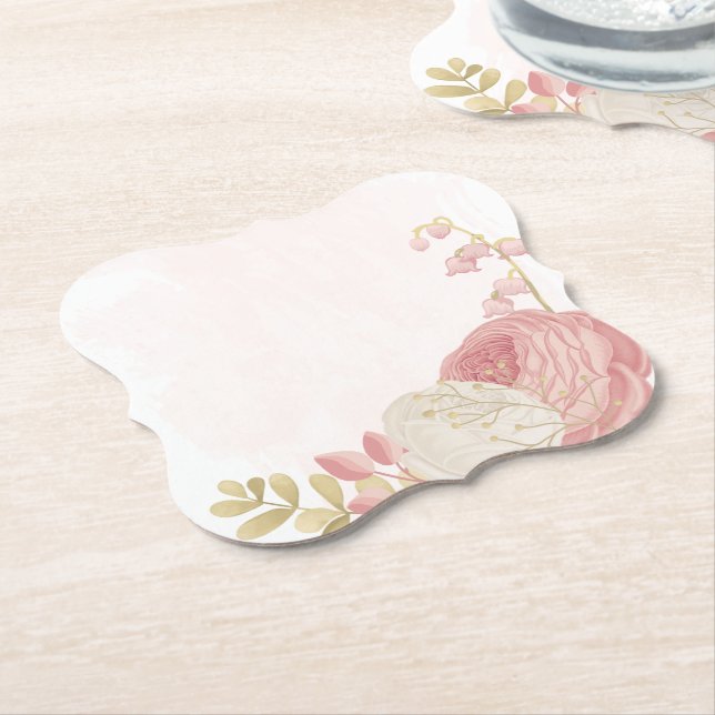 Romantic pink & white flowers gold paper coaster (Angled)