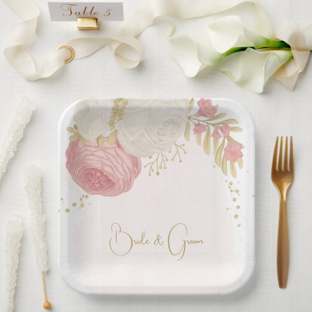 Romantic pink & white flowers gold paper plate (Wedding)