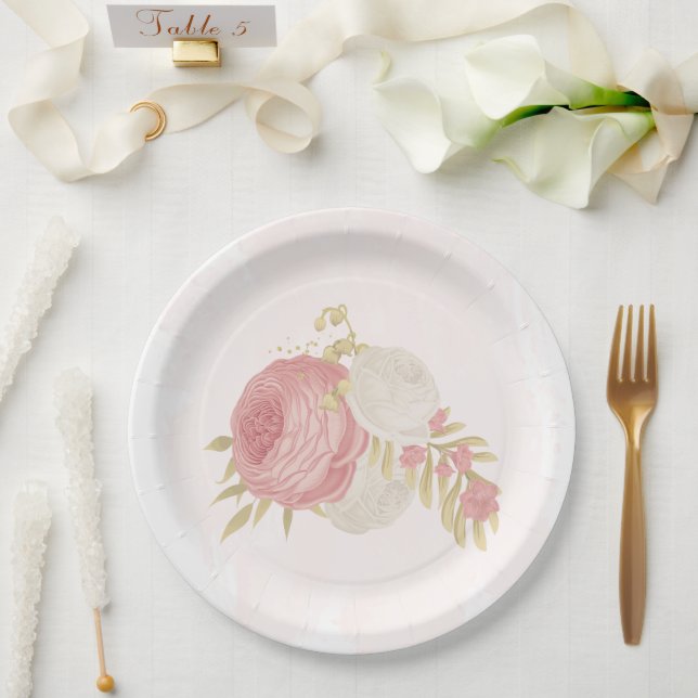 Romantic pink & white flowers gold  paper plate (Wedding)
