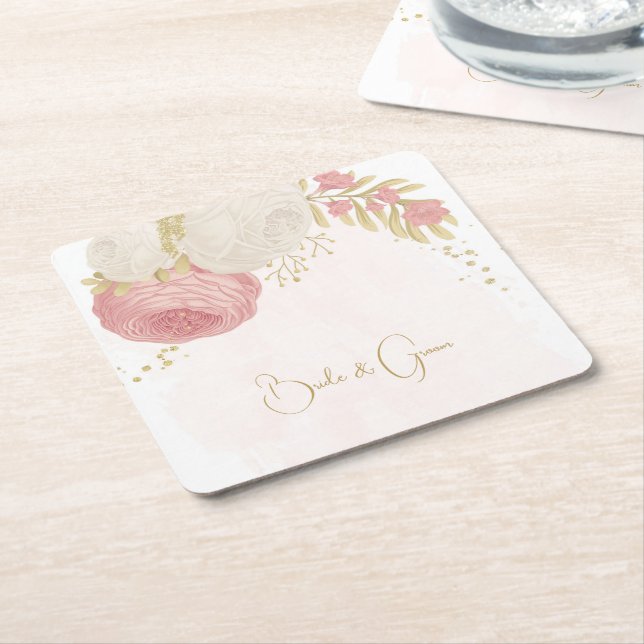 Romantic pink & white flowers gold square paper coaster (Angled)