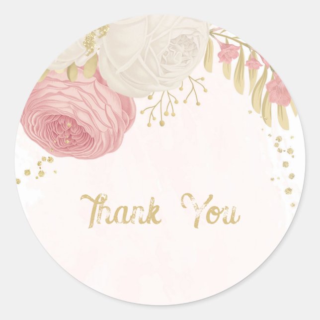 Romantic pink & white flowers gold wedding classic round sticker (Front)