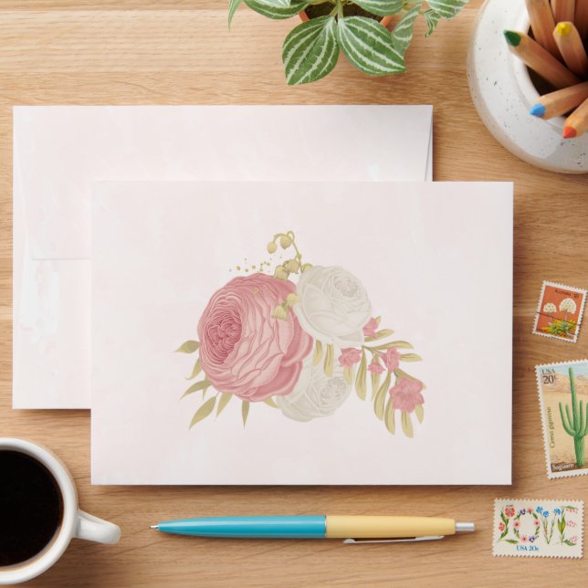 Romantic pink & white flowers gold wedding envelope (Desk)