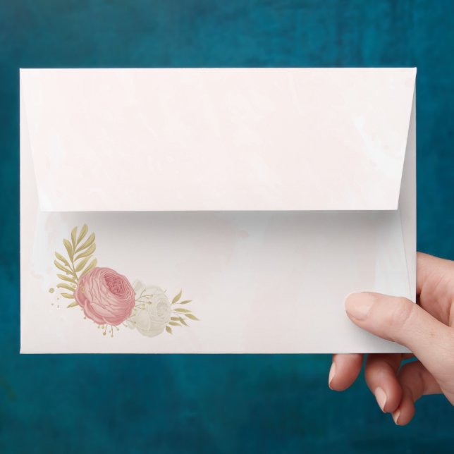 Romantic pink & white flowers gold wedding envelope (Hand)