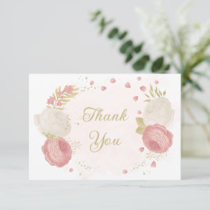Romantic pink & white flowers gold wedding thank you card