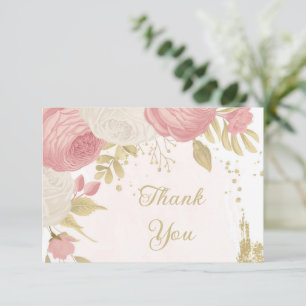Romantic pink & white flowers gold wedding thank you card
