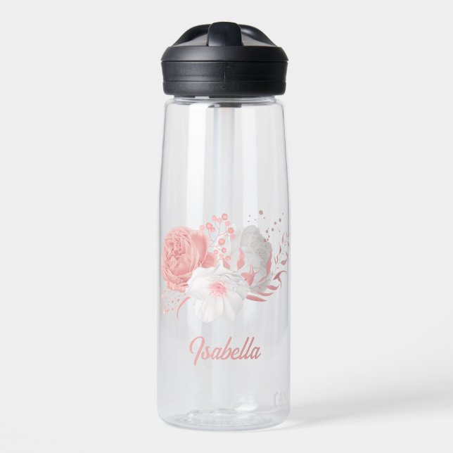 romantic pink & white flowers water bottle (Front)