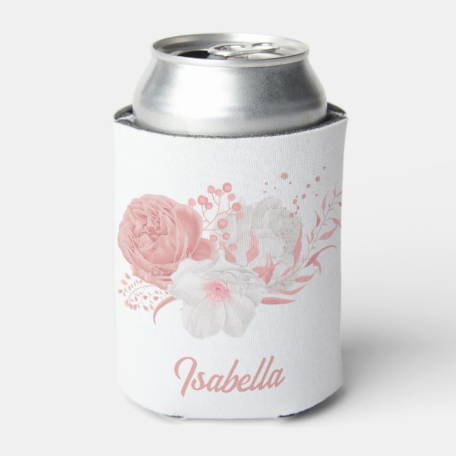 romantic pink & white flowers wedding can cooler (Can Front)