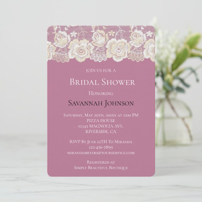 Romantic Pink White Lace Floral Bridal Shower Invitation (Standing Front)