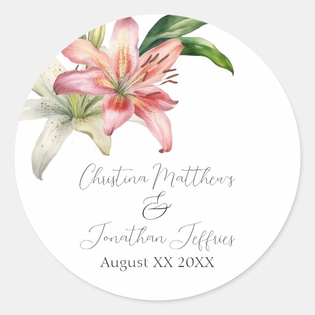 Romantic Pink & White Lilies Classic Round Sticker (Front)