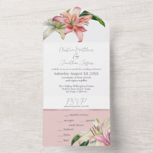 Romantic Pink & White Lilies on Blush All In One Invitation
