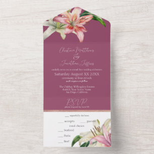 Romantic Pink & White Lilies on Fuchsia All In One Invitation