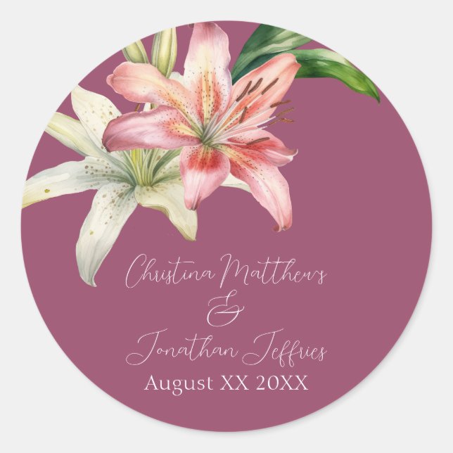 Romantic Pink & White Lilies on Fuchsia Classic Round Sticker (Front)