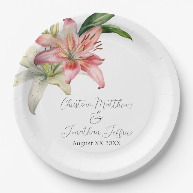 Romantic Pink & White Lilies Paper Plate (Front)
