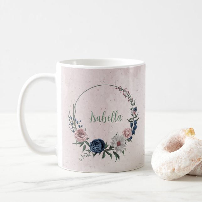Romantic pink white navy flowers greenery coffee mug (With Donut)
