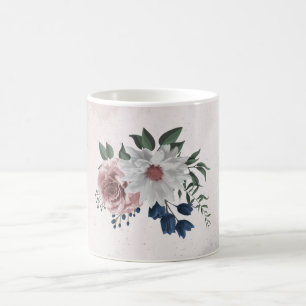 Romantic pink white navy flowers greenery coffee mug