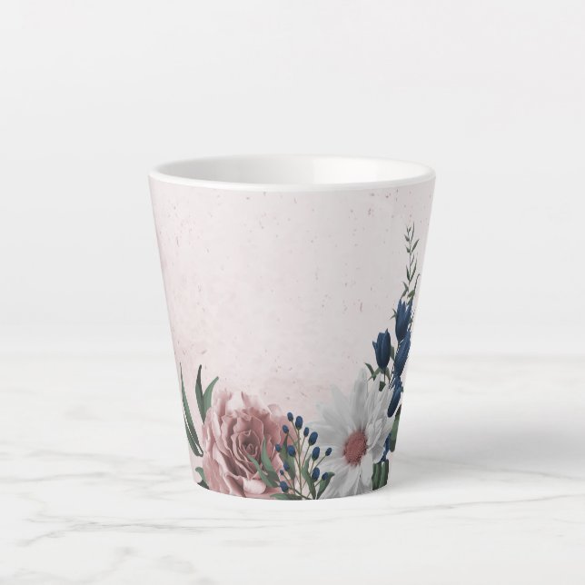 Romantic pink white navy flowers greenery latte mug (Front)