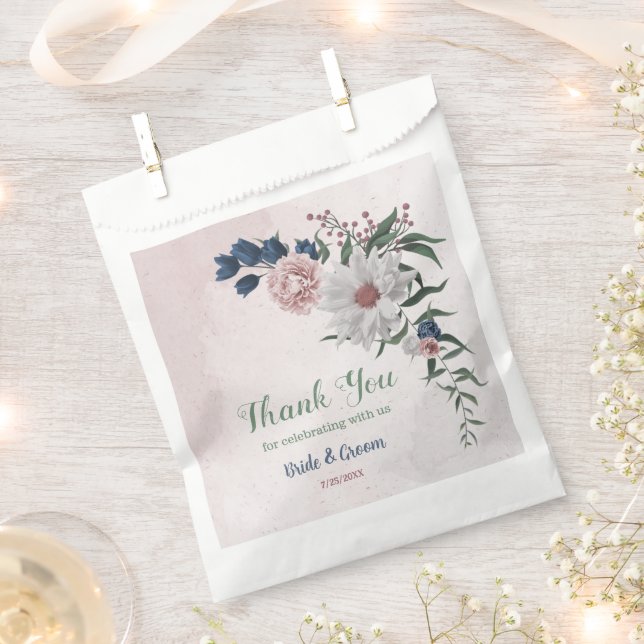 Romantic pink white navy flowers greenery wedding favour bags (Clipped)