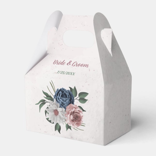Romantic pink white navy flowers greenery wedding favour box (Front Side)