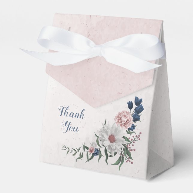 Romantic pink white navy flowers greenery wedding favour box (Front Side)