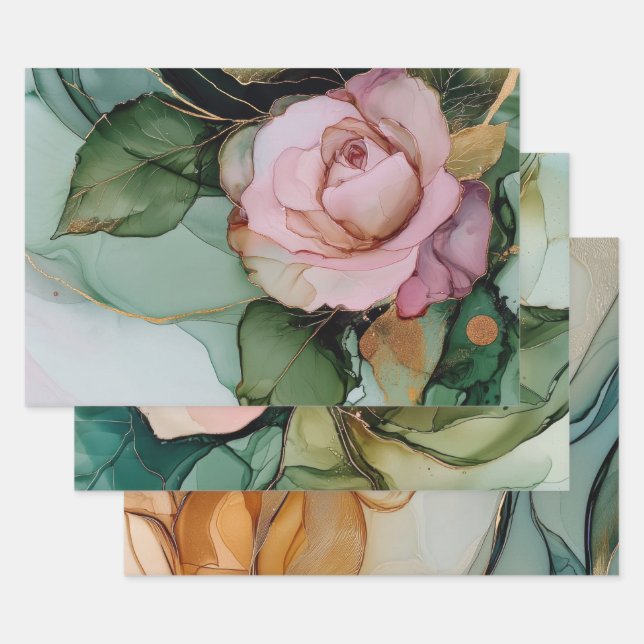 Romantic Pink White Rose Floral Bridal Shower Wrapping Paper Sheet (Set)