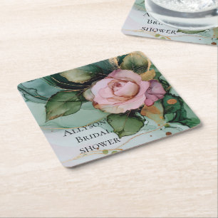 Romantic Pink White Rose Gold Floral Wedding Square Paper Coaster