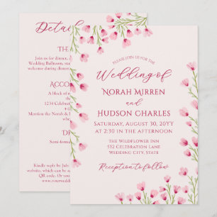Romantic Pink Wildflowers 2-in-1 Wedding & Details Invitation