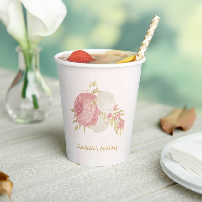 Romantic pink wite flowers gold botanical paper cups (Insitu)
