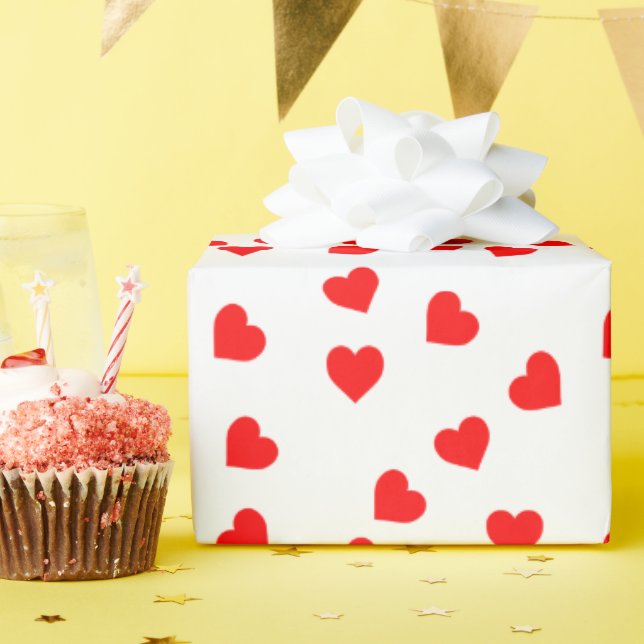 Romantic Playful Red Heart Pattern White Wrapping Paper (Birthday Party)