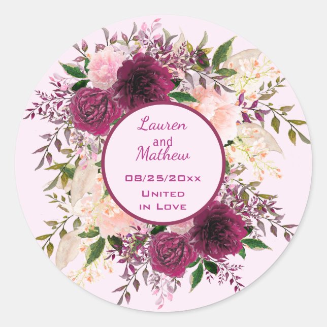 Romantic Plum Burgundy and Blush Pink Floral  Classic Round Sticker (Front)