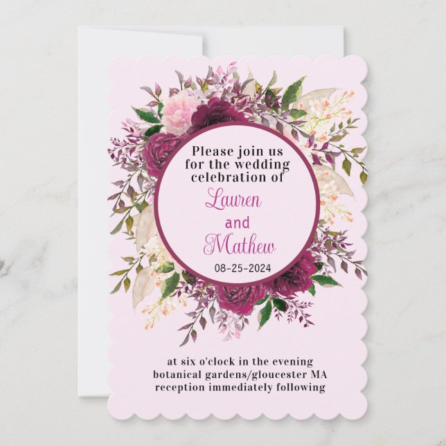 Romantic Plum Burgundy Blush Pink Floral Wedding Invitation (Front)