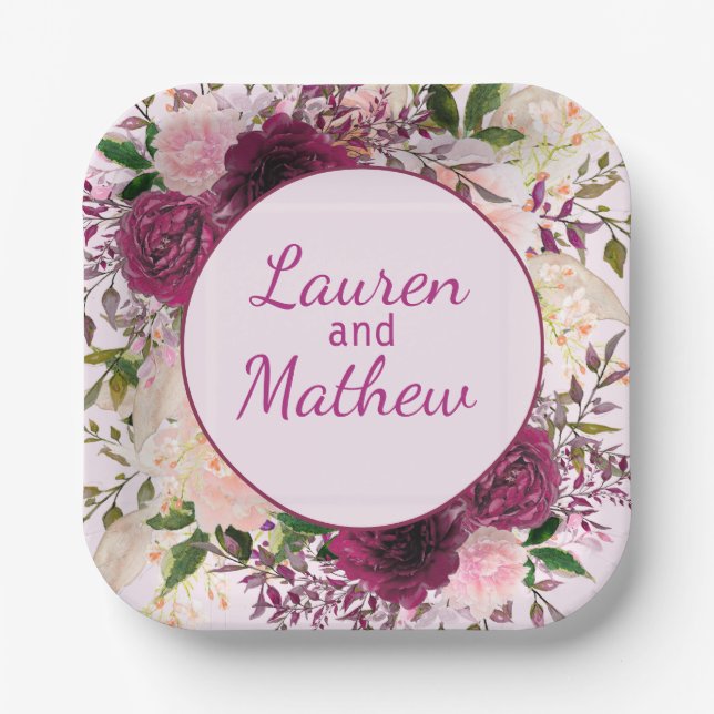 Romantic Plum Burgundy, Blush Pink Personalised Paper Plate (Front)