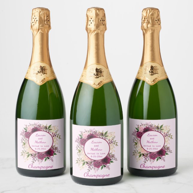 Romantic Plum Burgundy, Blush Pink Personalised Sparkling Wine Label (Bottles)