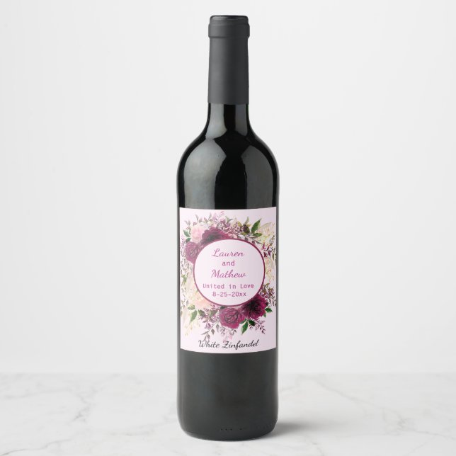 Romantic Plum Burgundy, Blush Pink Personalised Wine Label (Front)
