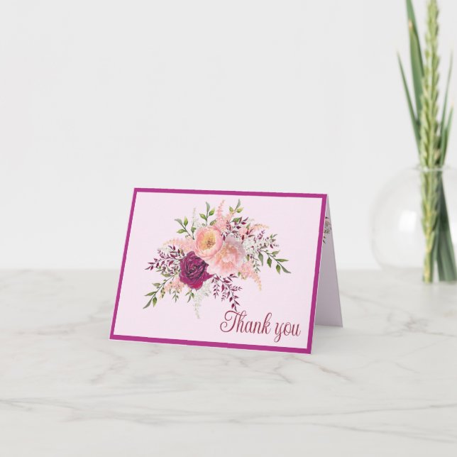 Romantic Plum Burgundy Blush Pink Wedding  Thank You Card (Front)