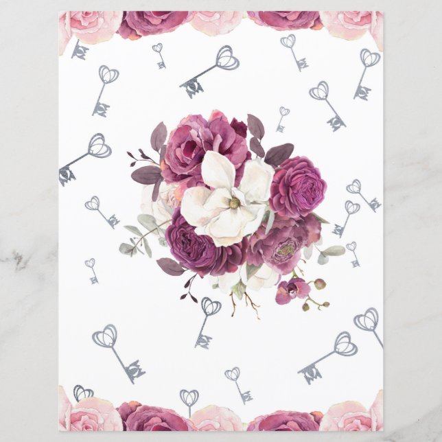 Romantic Plum Floral & Silver Keys Scrapbook Paper (Front)