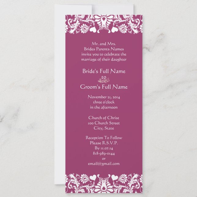 Romantic Plum Heart Damask Wedding Invitations (Front)