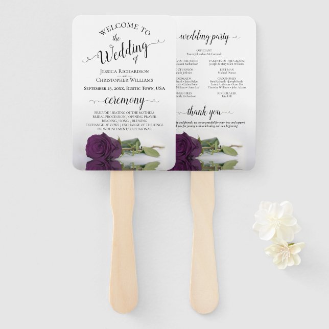 Romantic Plum Purple Rose Elegant Wedding Program Hand Fan (Front and Back)