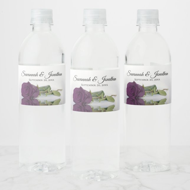 Romantic Plum Purple Rose Elegant Wedding Water Bottle Label (Bottles)