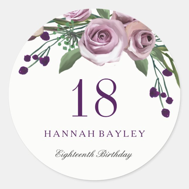 Romantic Plum Purple Rose Floral 18th Birthday Classic Round Sticker (Front)
