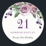 Romantic Plum Purple Rose Floral 21st Birthday Classic Round Sticker<br><div class="desc">Romantic Plum Purple Rose Floral 21st Birthday Party favour seal sticker

Matching Invitation and much more in Niche and Nest store. Design courtesy of: https://www.etsy.com/shop/SmallHouseBigPony</div>