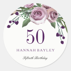 Romantic Plum Purple Rose Floral 50th Birthday Classic Round Sticker