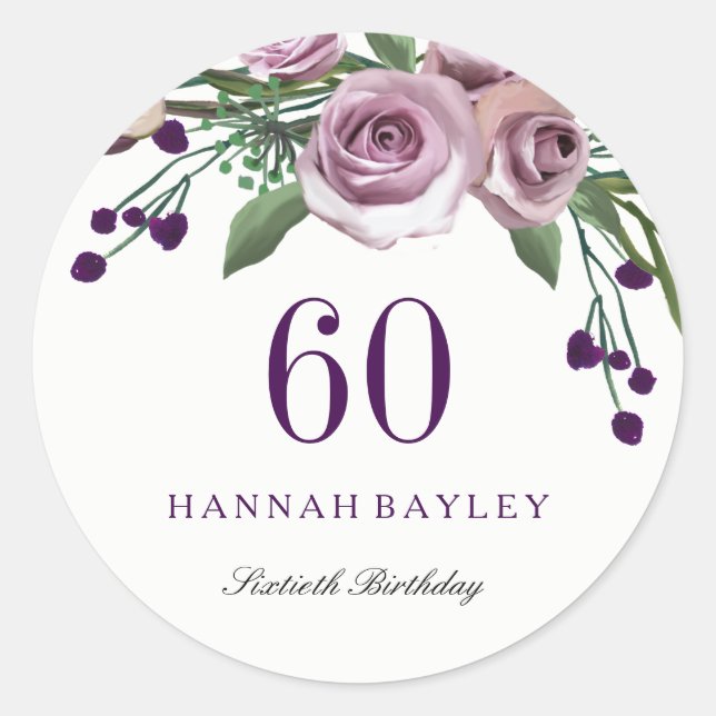 Romantic Plum Purple Rose Floral 60th Birthday Classic Round Sticker (Front)
