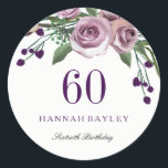 Romantic Plum Purple Rose Floral 60th Birthday Classic Round Sticker<br><div class="desc">Romantic Plum Purple Rose Floral 60th Birthday Party favour seal sticker

Matching Invitation and much more in Niche and Nest store. Design courtesy of: https://www.etsy.com/shop/SmallHouseBigPony</div>